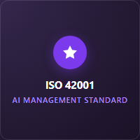 A-LIGN ISO 42001 certification badge with a yellow gradient bar and globe design.
